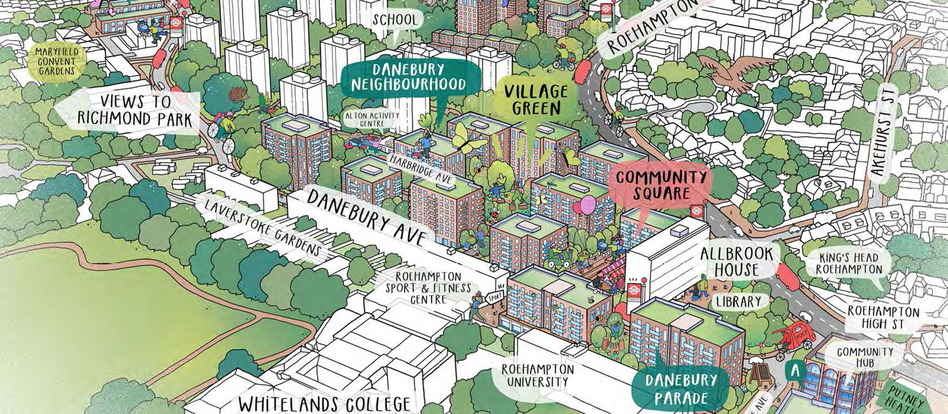 Illustrative aerial view of the Alton Estate and the proposed new buildings and facilities