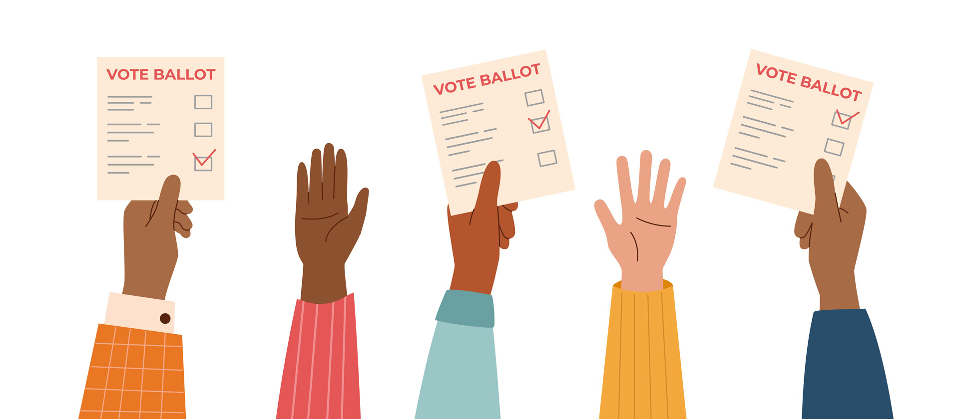 Simple illustration of hands held in the air, some of which are holding voting papers.