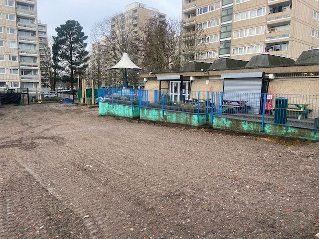 A photograph of the Alton Activity Centre site, showing that the area around the activity centre building has been completely cleared as part of the first phase of upgrade works.