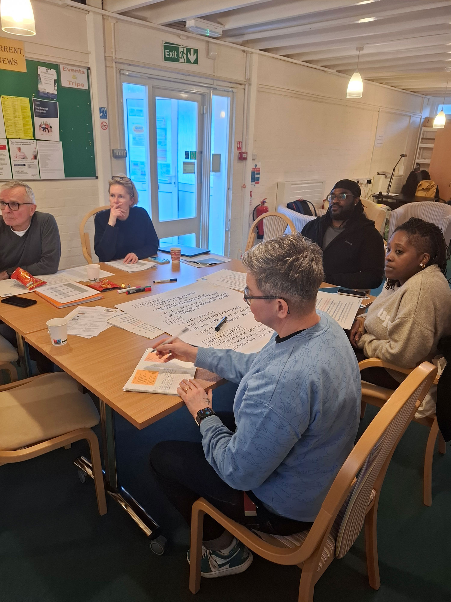 People are pictured sitting around a table reviewing papers, making notes and listening to speakers