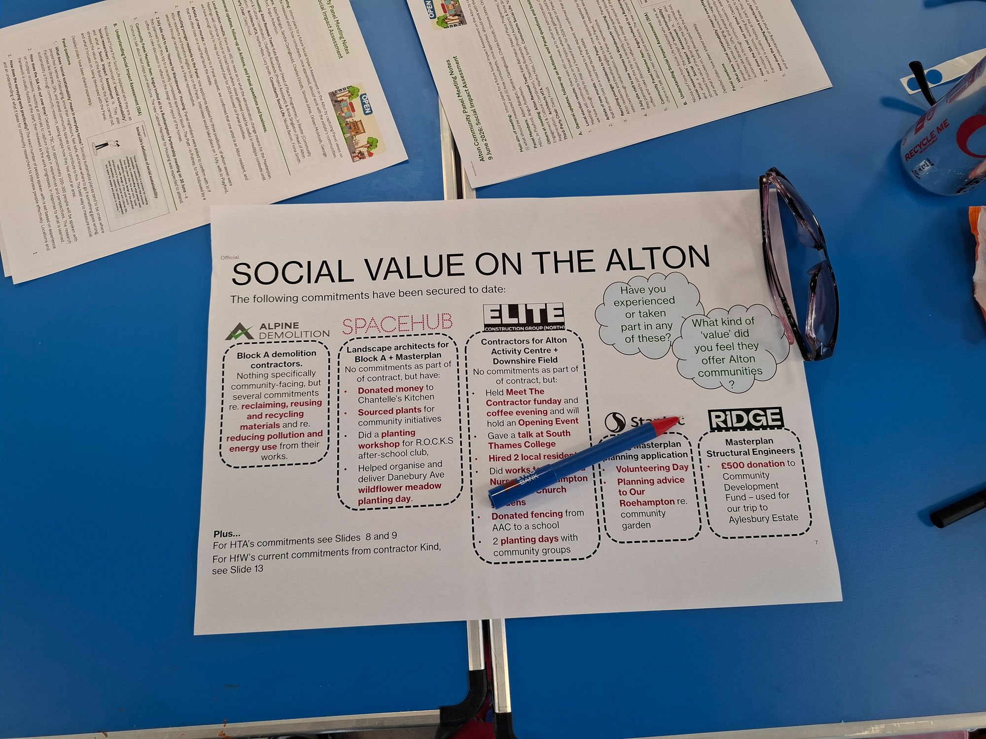 An image of a chart on piece of paper, which sets out how various parties working on the Alton Regeneration committed to activities and actions which will add social value. 
