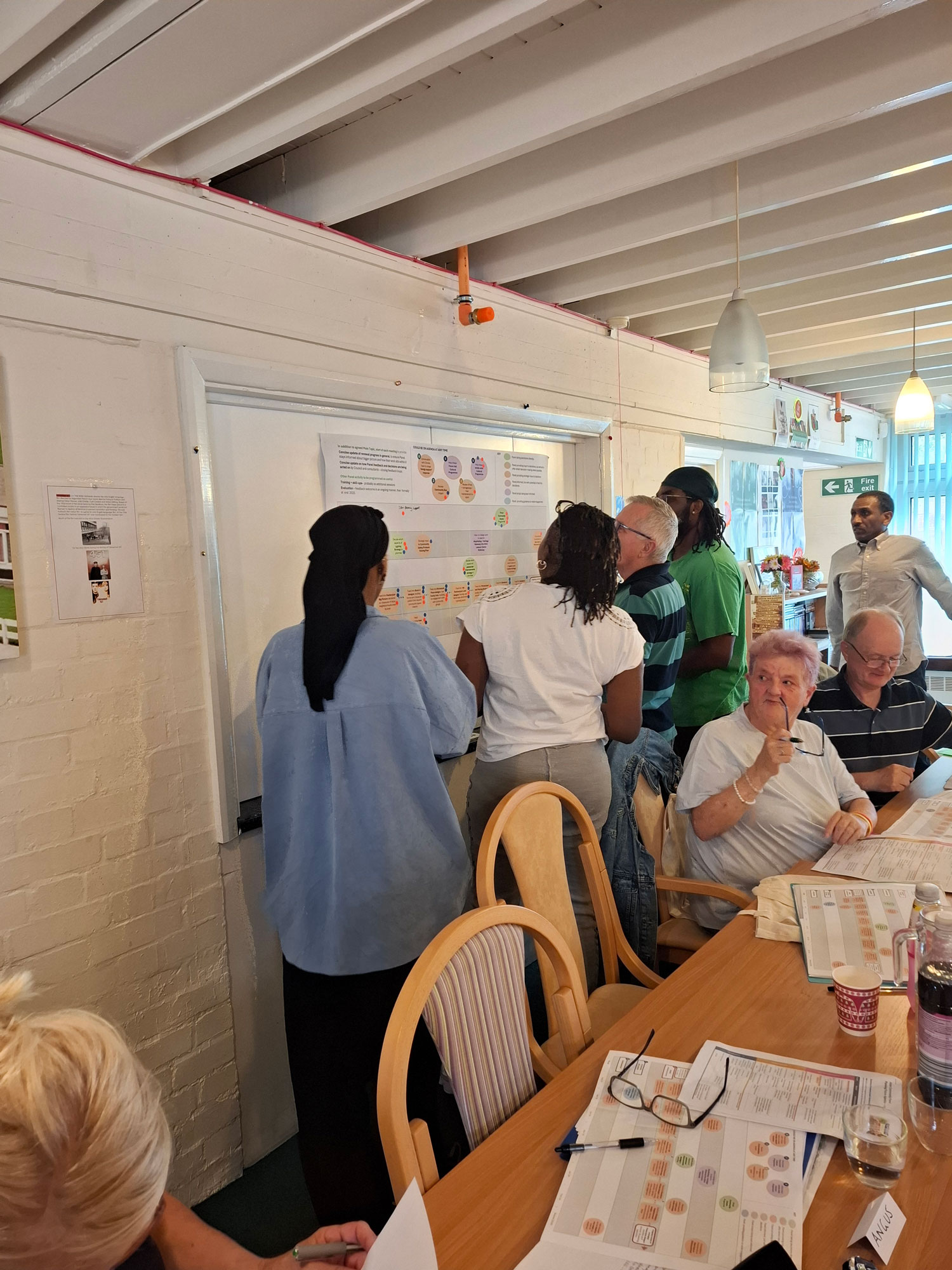 Some members of the Alton Community Panel are pictured working at a table, whilst others are standing reviewing a schedule on the wall.