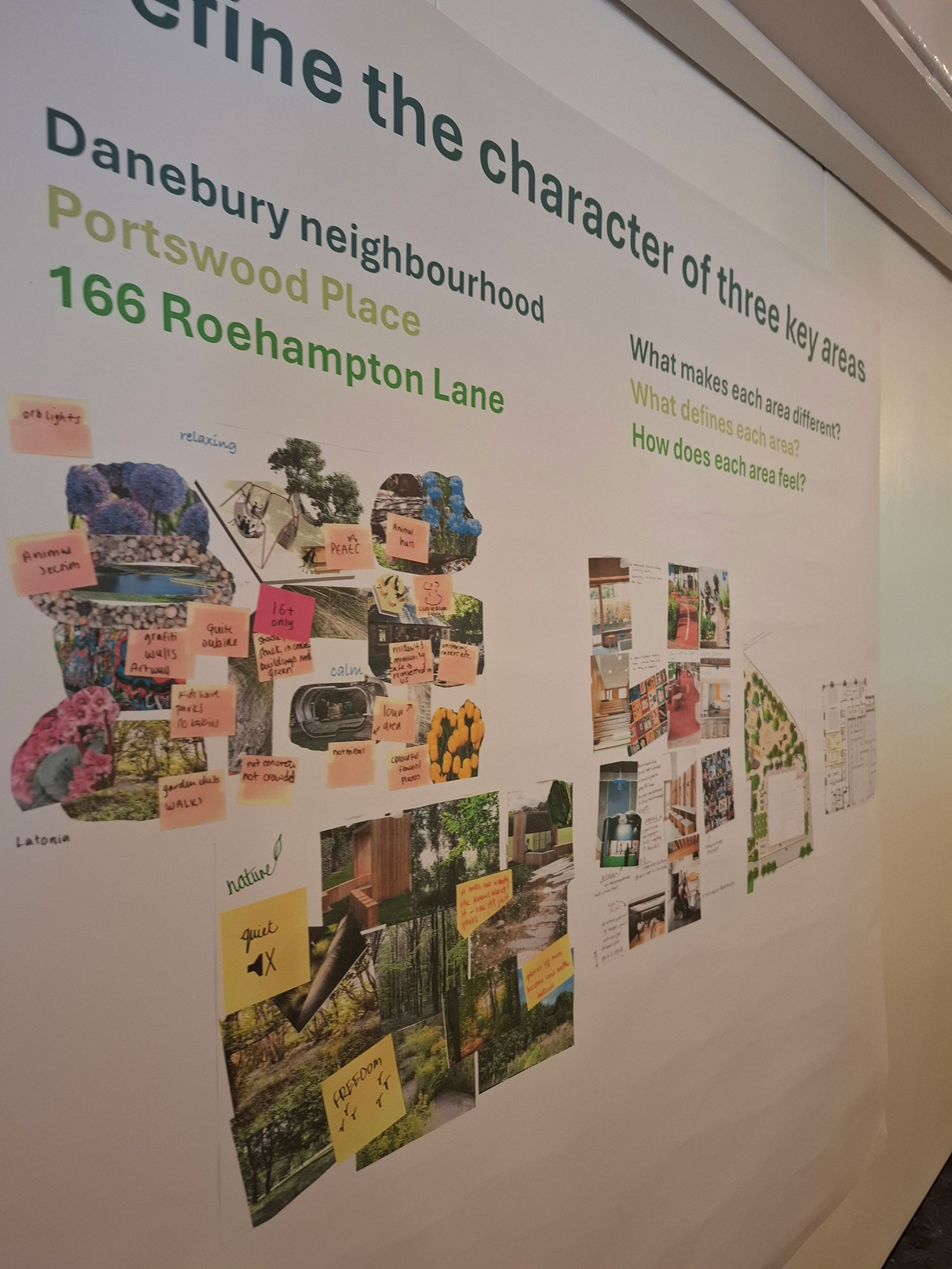 A picture of a display board on a wall which asks: What makes each area different? What defines each area? and How does each area feel?