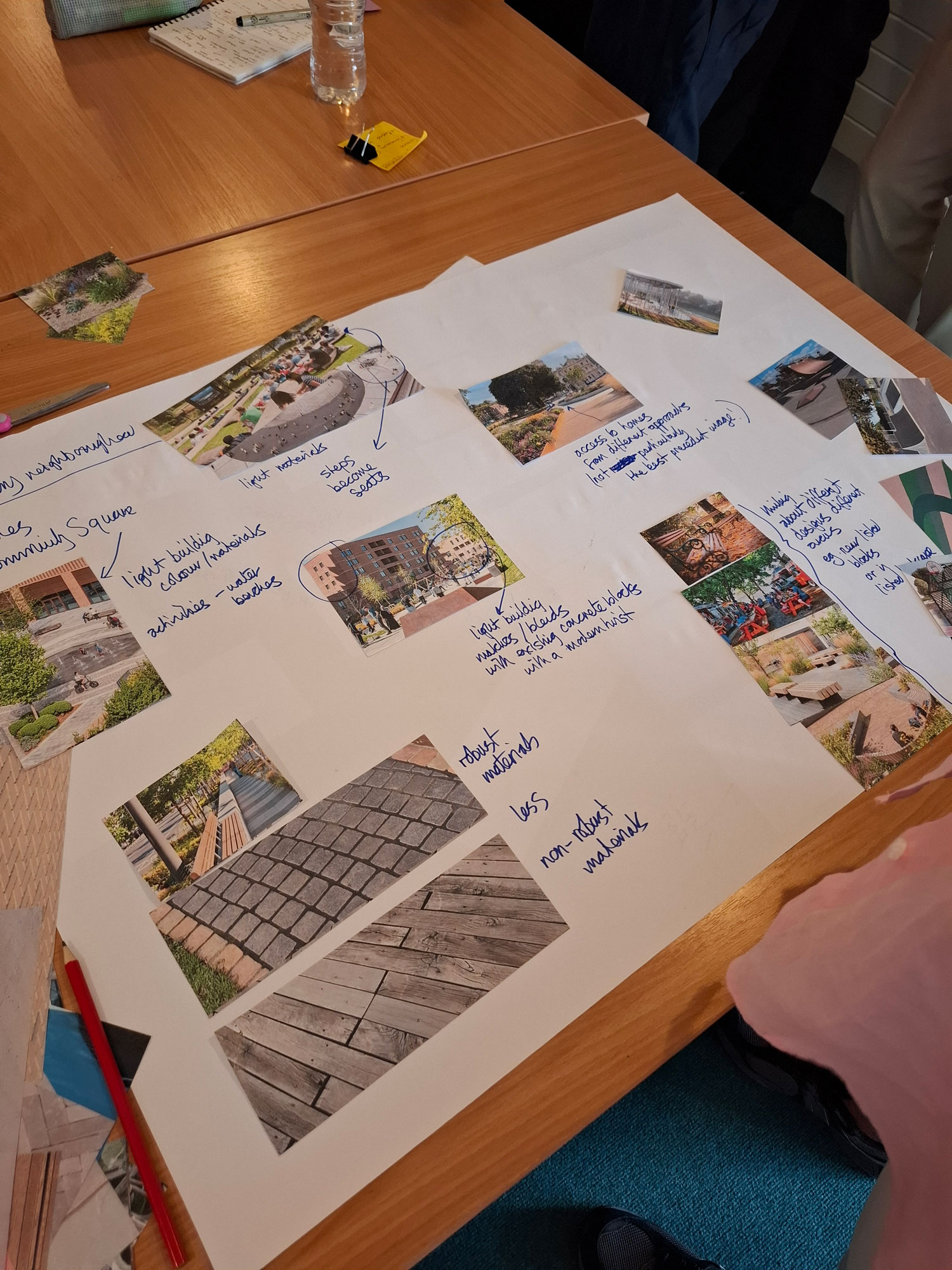 Different images of buildings, building materials, paving and features are laid out on a table for panel members to review.