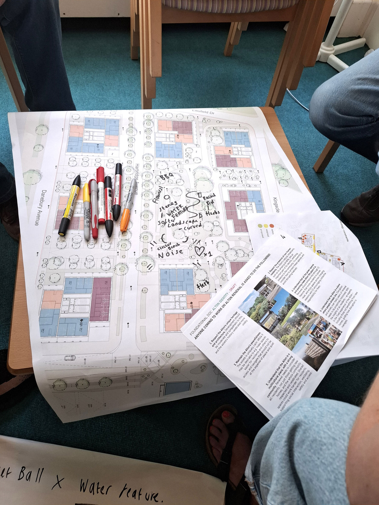 A picture of plans spread out on a table. There are coloured pens on the table and the plans have been marked up with comments and suggestions.