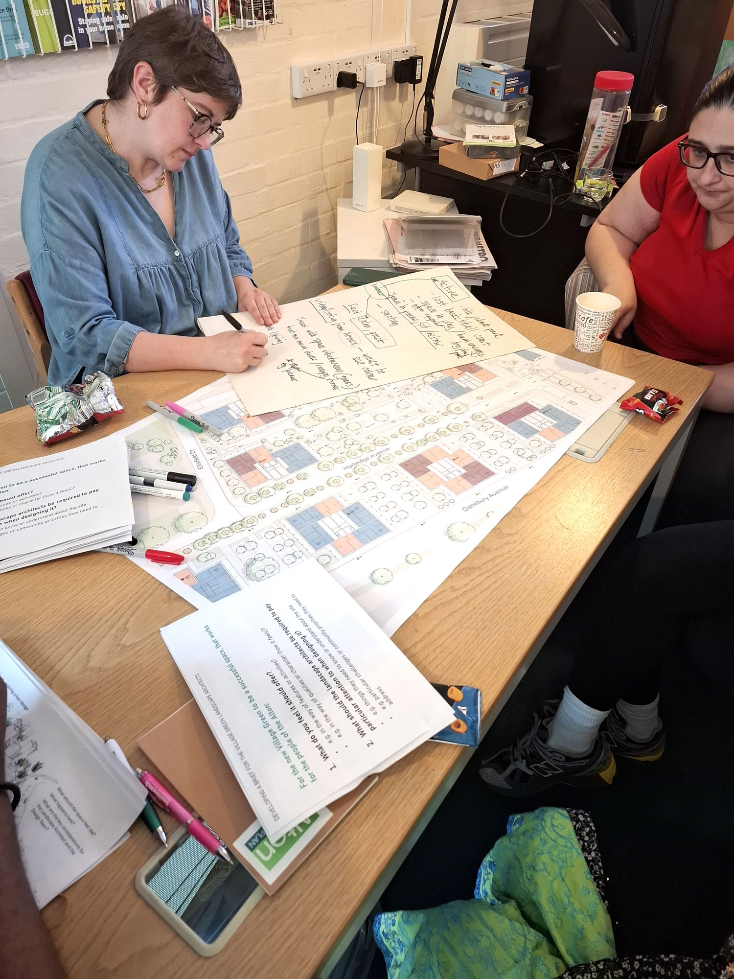 People are pictured sitting around a table. One person is writing notes on a page, with plans spread out across the table.