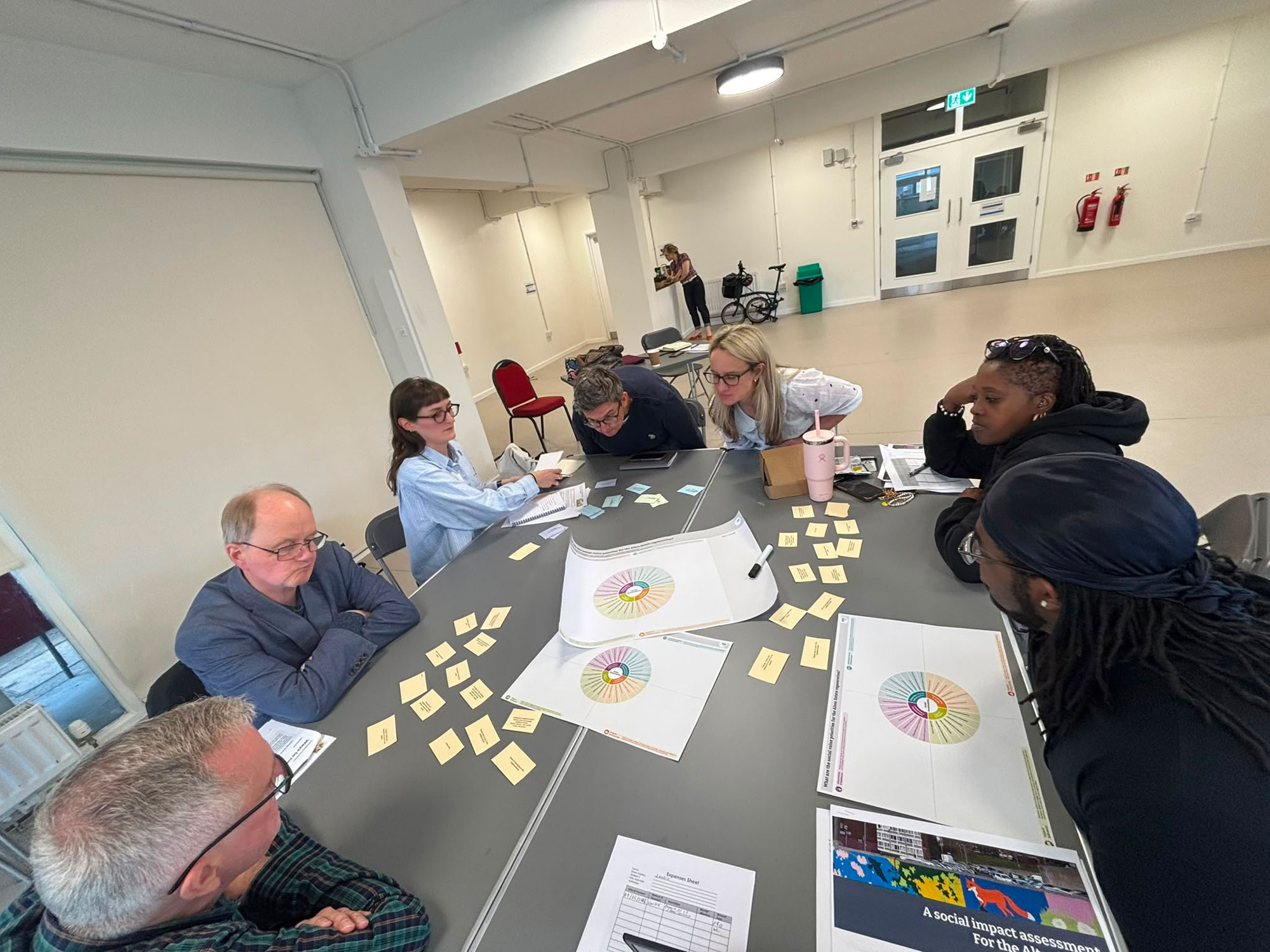 People are pictured sitting around a table, looking at a circular diagram and considering notes.