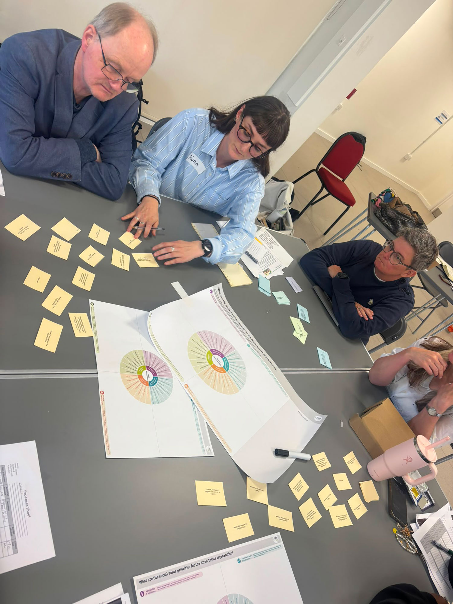 The image looks down onto a table, at which several people are seated. There are notes and charts in the centre of the table.